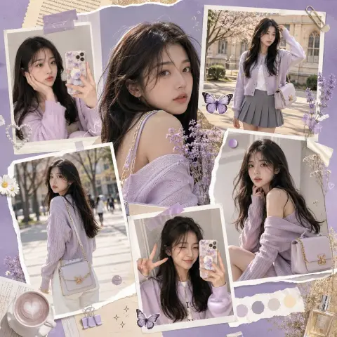 Modern Korean GenZ style lavender color fashion collage advertisement