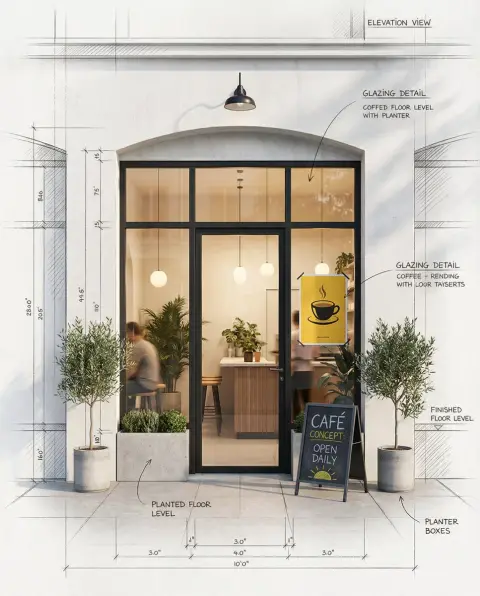 Modern minimalist cafe architectural rendering where sketches and reality intertwine