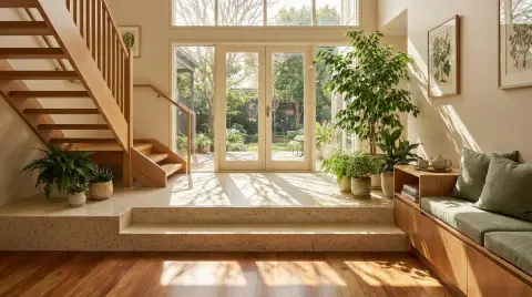 Modern minimalist entrance hall with sunlight penetrating green shadows
