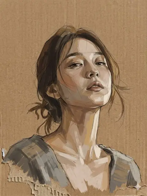 Modern mixed media hand drawn line color block portrait illustration