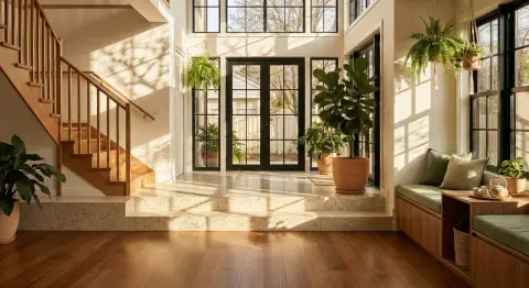 Modern split-level entrance hall with sunlight penetrating the shadow of trees