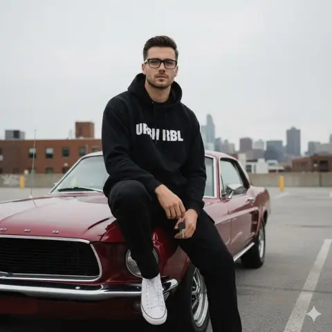 Modern urban man in red muscle car