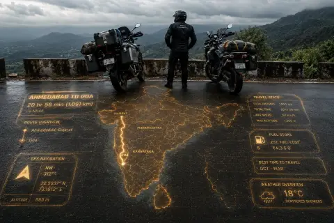 Motorcycle travel India holographic map sci-fi landscape