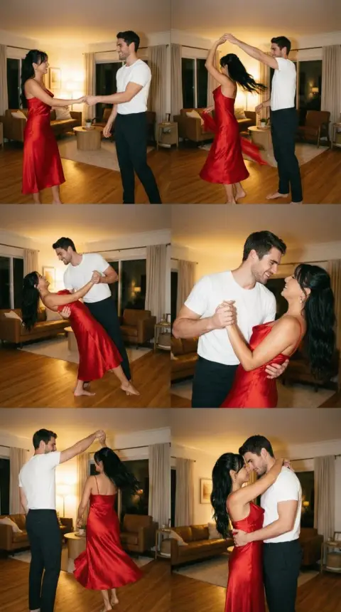 Movie freeze-frame of home-based pas de deux in red skirts