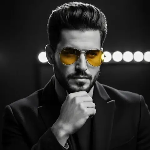 Movie-level portrait of a cool handsome man under black and gold light and shadow
