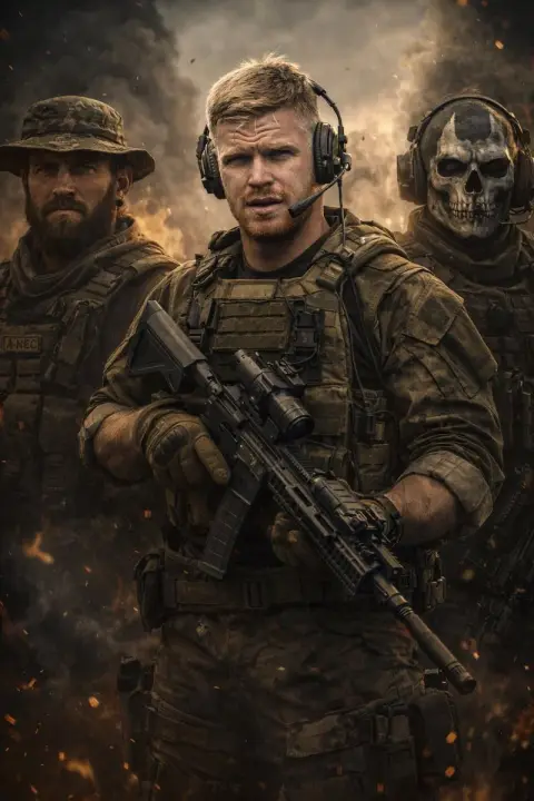 Movie-level realistic group photo of elite special forces in the flames of war