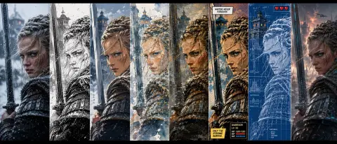 Multiple art universe style contrast rendering long image