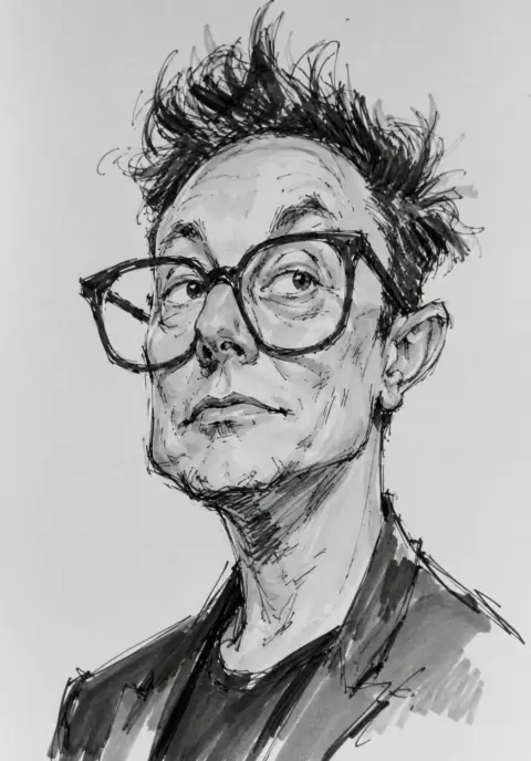 Musk and Trump black and white expressionist caricature