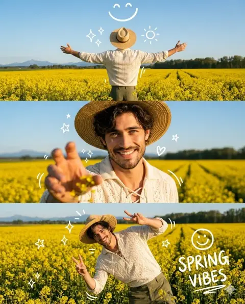 Mustard flower field retro men's spring three-frame collage