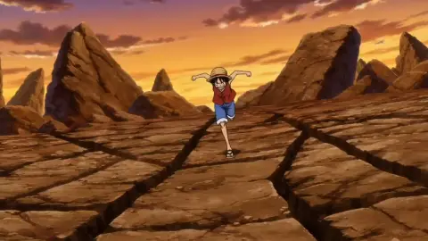 Naruto and Luffy fighting on a shattered rocky battlefield at sunset