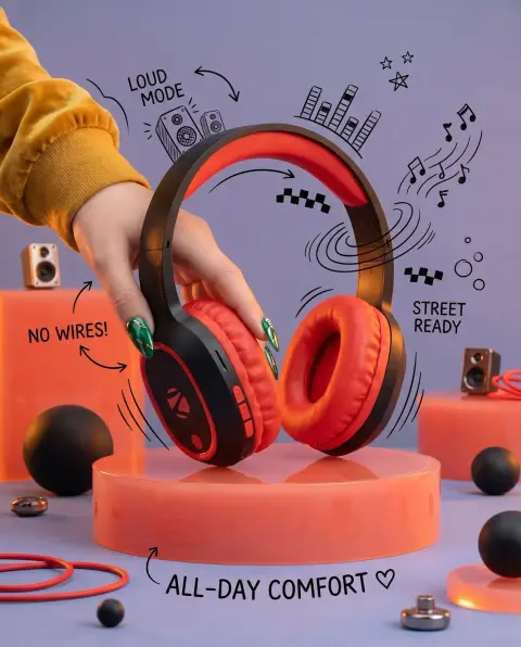 Neon graffiti style wireless headphones advertising blockbuster