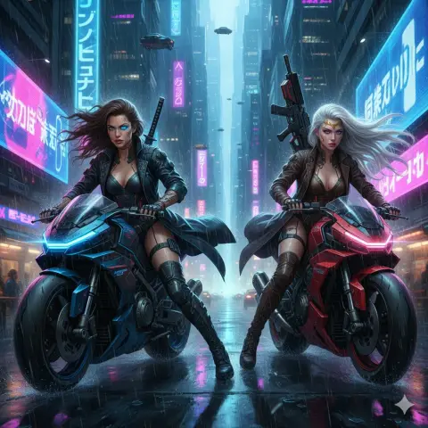Neon Rainy Night Dual Riding: The Extreme Speed ​​of Cyber ​​Mercenaries