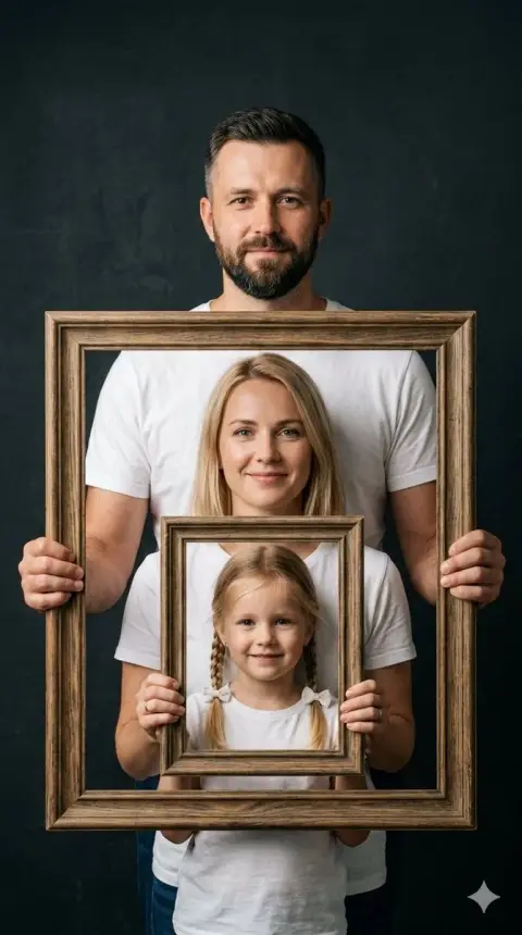 Nested portraits of three generations in the frame