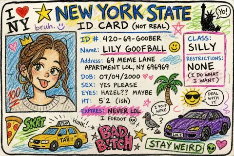 New York fake ID in crayon doodle style