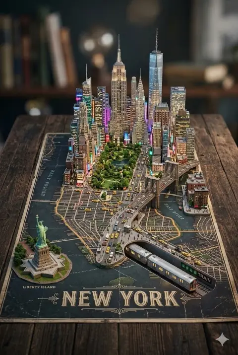 New York miniature diorama grown from a map