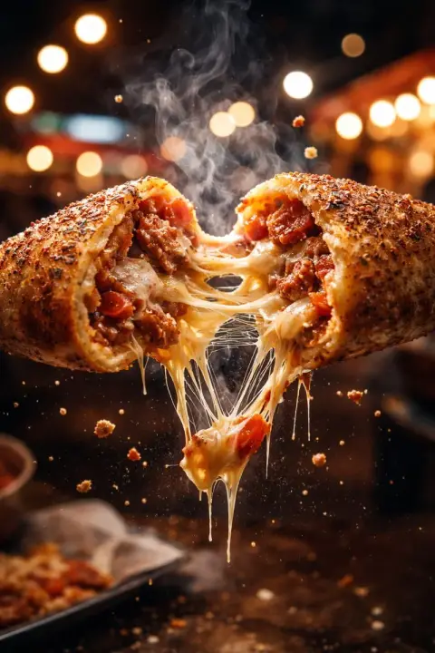 Night market suspended cheese roll drawing and bursting