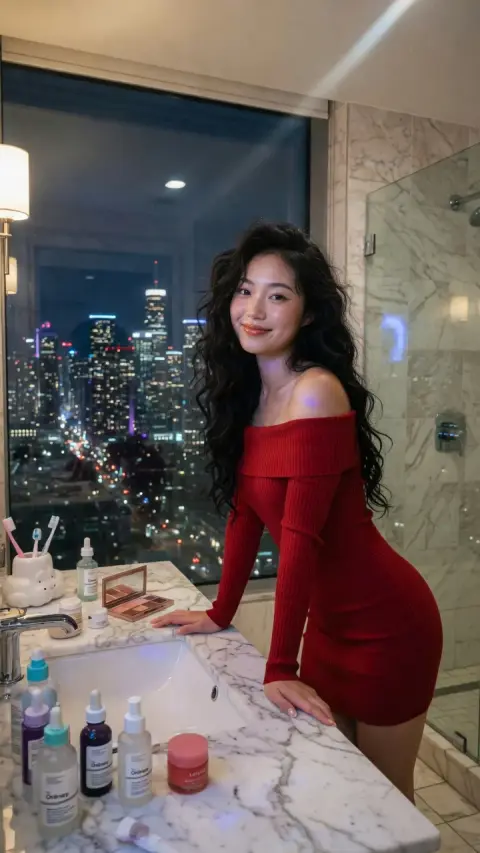 Night scene portrait of East Asian woman in red dress in modern luxury bathroom