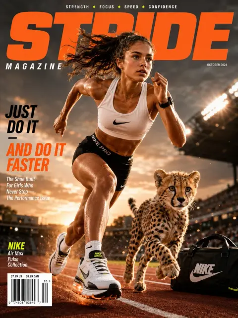 Nike sports girl and cheetah competing on the same stage poster