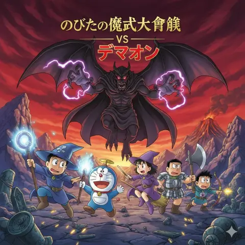 Nobita bravely enters the dark demon world for a fierce battle