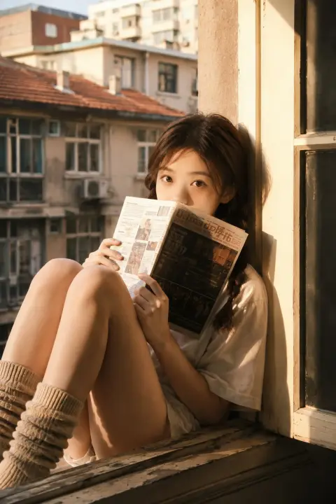 Nostalgic newspaper-covered warm-toned film portrait by the window