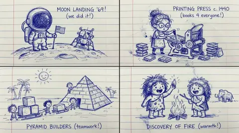 Notebook ballpoint pen hand-drawn historical moment doodles