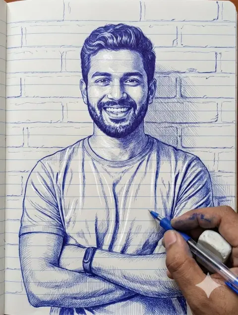 Notebook portrait sketch drawn in blue and white ink