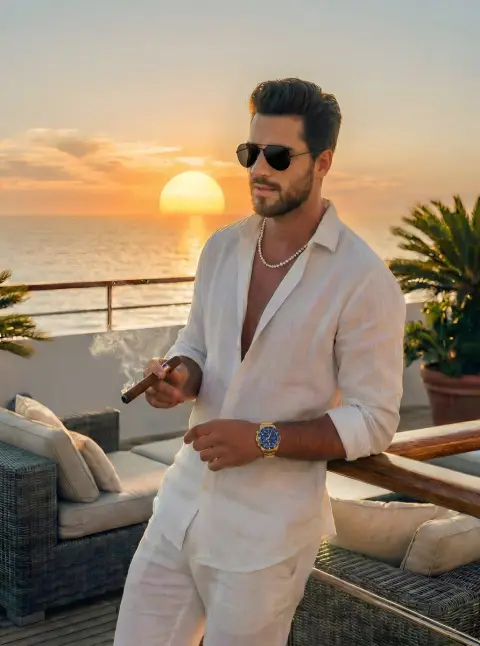 Old money gentleman on the deck of a yacht during golden hour