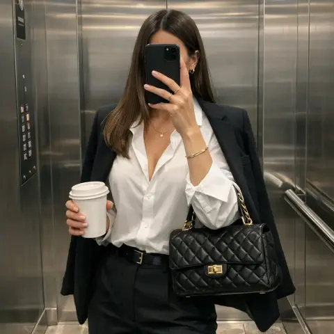Old money style mirror selfie in luxury elevator