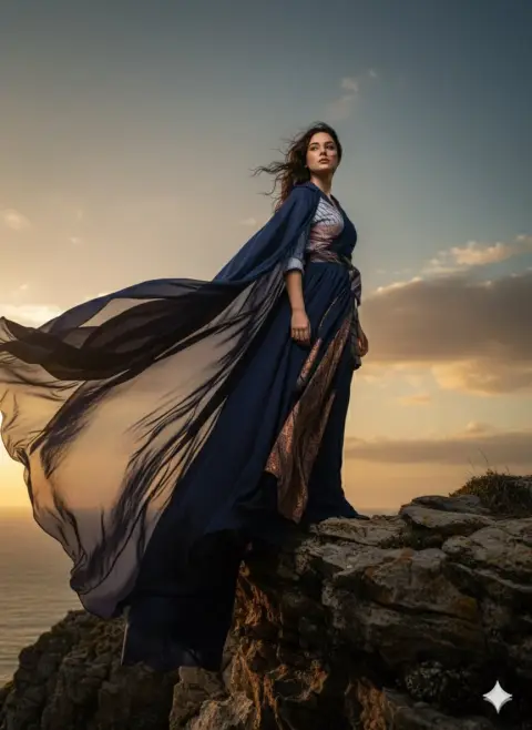 On the top of the cliff with the strong wind howling, a fashionable queen wearing a flowing dress
