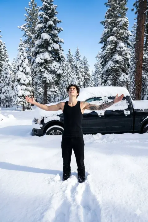 Open your arms to embrace the free soul in the snowy wilderness