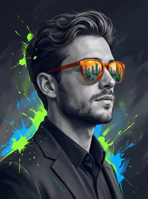 Orange sunglasses reflect the confident profile of urban vision