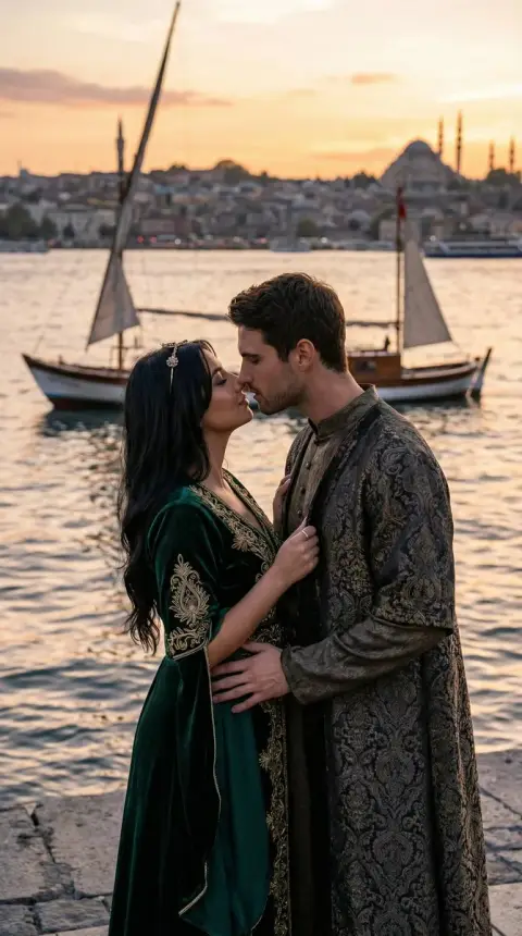 Ottoman affectionate kiss under the sunset on the Bosporus