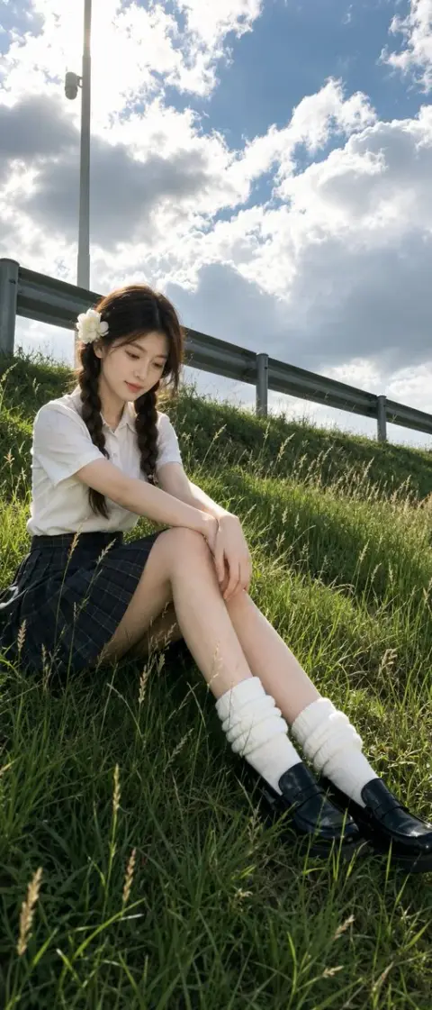 Outdoor grassy slope cinematic girl realistic portrait photography