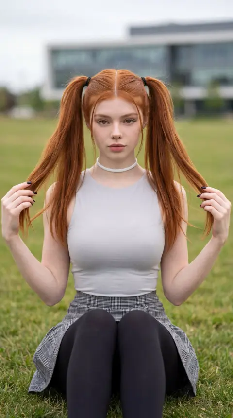 Outdoor hyper-realistic portrait of red-haired woman with twin ponytails