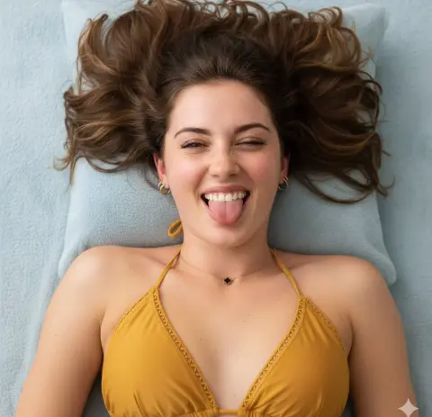 Overhead shot of a cute bikini girl sticking out her tongue