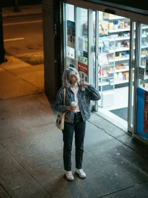 Overhead shot of a street shot of a casual girl in a convenience store at night
