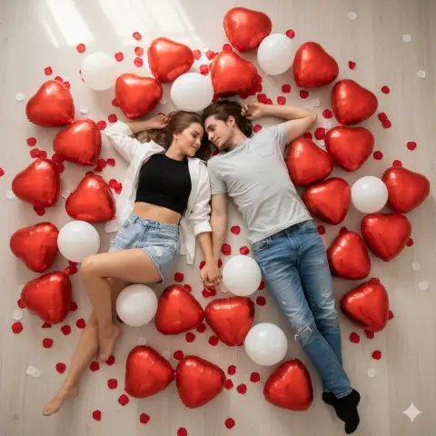 Overlooking romantic couple surrounded by red heart balloons
