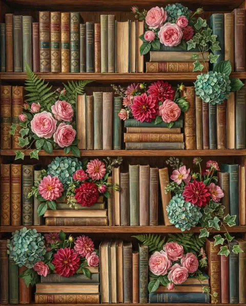 Overlooking the gorgeous bookshelf surrounded by flowers