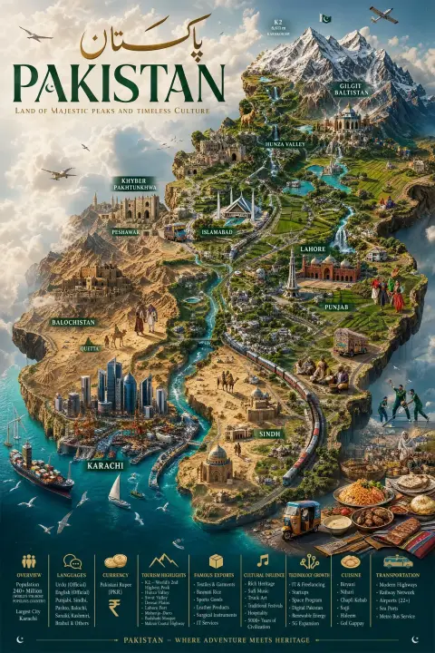 Pakistan hyper-realistic luxury travel miniature map poster