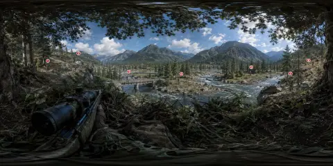Panoramic view of mountains and rivers from the perspective of a lurking sniper in the jungle