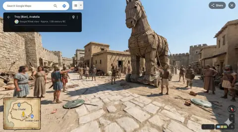 Panoramic view of the epic Trojan horse entering the city