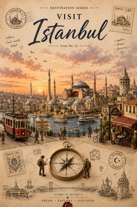 Paper sculpture style retro travel magazine cover poster