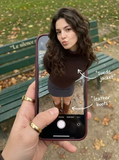 Parisian girl stepping out of mobile phone screen