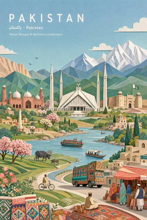 Pastel pastel paper collage style Pakistani landscape illustration