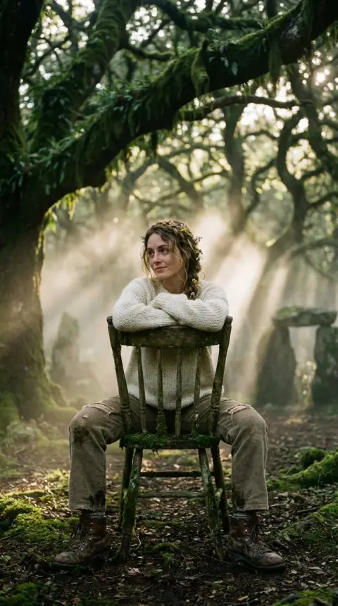 Pensive bohemian girl in the morning mist forest
