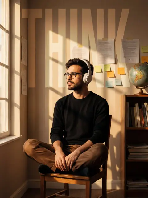 Pensive boy bathed in golden sunlight and grid light and shadow