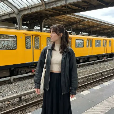 Pensive girl in leather jacket on urban platform