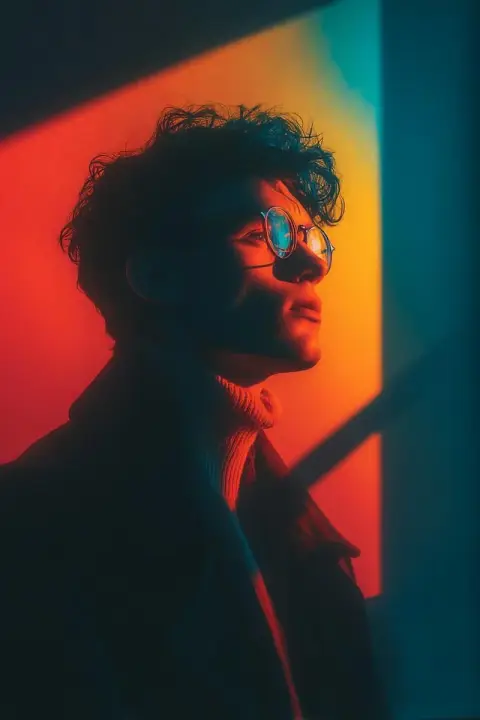Pensive profile under geometric light and shadow