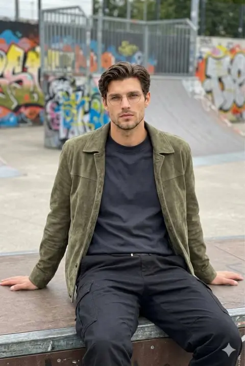 Pensive young man on the street in front of graffiti wall