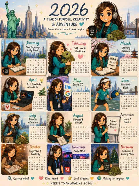 Personal annual theme calendar with cute cartoon characters